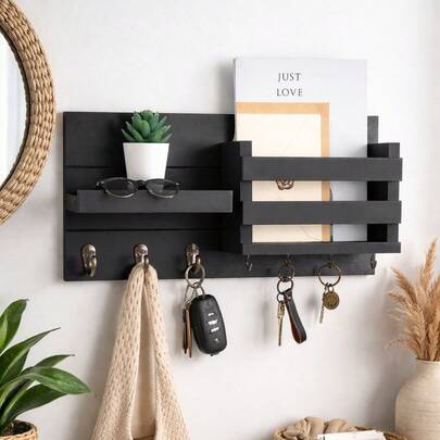 Wandmontierter Brieforganizer mit Schlüsselhaken - Rustikales Holzregal für den Eingangsbereich mit Briefhalter und mehreren Haken für Schlüssel, Mäntel und Hundeleine, Heimdekoration