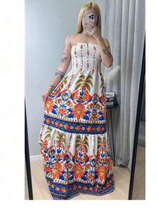 Long Strapless Dress With Print And Elasticated Crepe Fabric. Wrinkle-Free Fabric. - Orange - View 2