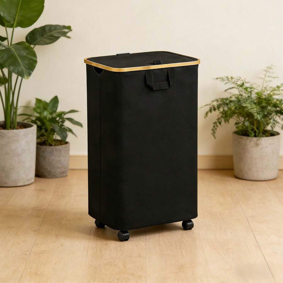 Laundry Hamper With Wheels And Lid, 100L Rolling Clothes Basket With 4 Wheels 2 Locking, Bamboo Handle & Frame Always Upright, Collapsible For Bedroom Bathroom Dorm RV Camping,Black - màu đen - Xem 1