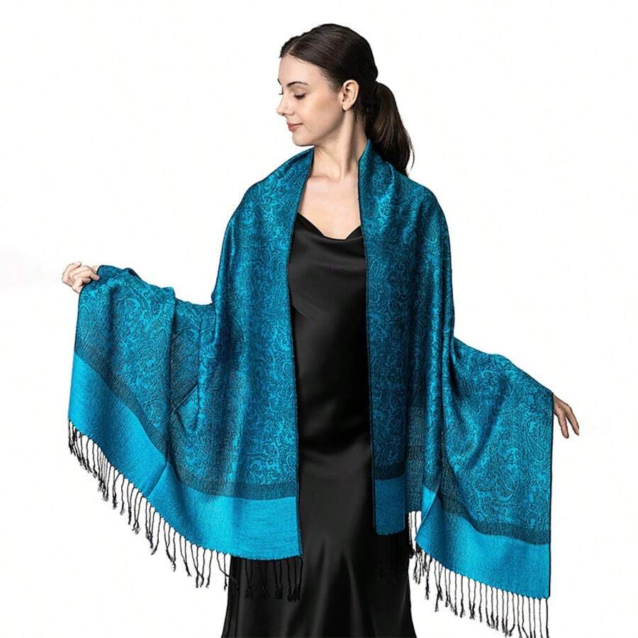 1pc Bohemian Paisley Jacquard Pashmina Scarf For Women, Vintage Tasseled Hijab Shawl, Suitable For Daily Wear, Spring/Summer - 薄荷藍 - 查看 1