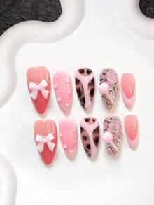 10pcs Sweet Personalized Handmade Nail Art Set, Including Gel Nail Decorations Like Bowknot, Lollipop, 3D Heart, Leopard Print, Brown & Pink Nail Polish, Suitable For Hot Girl Style, With Nail Tools (1 Jelly Sticker + 1 Nail File), 3 Sizes Available For Almond, Duck, Coffin Nails, Suitable For Party, Daily, Commute, Spring/Summer - Multicolor - View 13