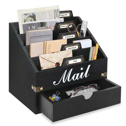 Organizador de correo de madera para encimera, organizador de correo de escritorio con 4 compartimentos y cajón, organizador de correo y archivos para montaje en pared, accesorios de escritorio y organizadores de espacio de trabajo, soporte para papel y archivos