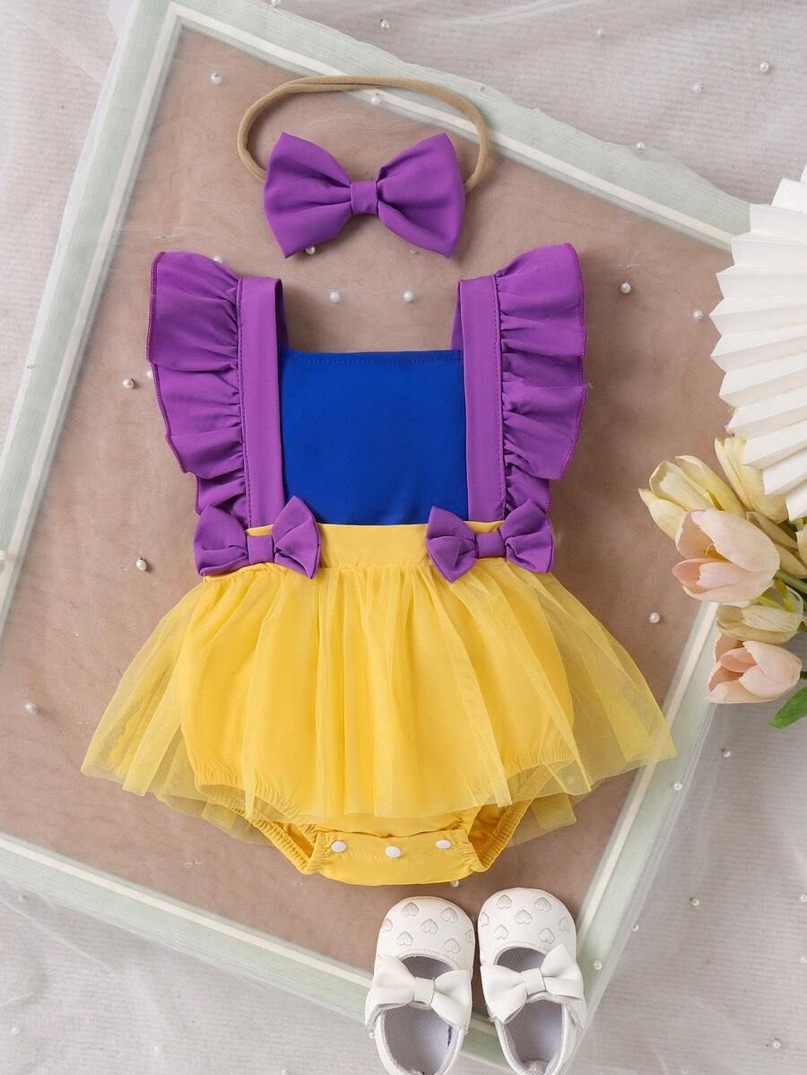 1pc Toddler Girls' Lovely Multi-Color Cap Sleeve Bow Tulle Princess Dress, Summer Holiday - Purple - View 1
