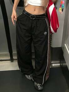 撞色高腰直筒宽松休闲女裤，带刺绣，春夏秋季款 - 黑色 - 查看 8