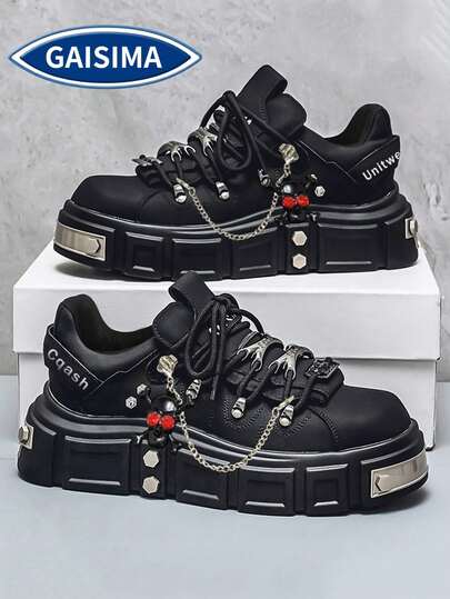 GAISIMA 新款 2024 高端朋克风格骷髅装饰厚底男士德比鞋混色休闲运动鞋带金属装饰，增高设计