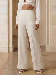 Playroots 女士优雅阔腿裤，时尚宽松版型长裤，适合春季穿搭、情人节、商务休闲场合 - 米色 - 查看 4