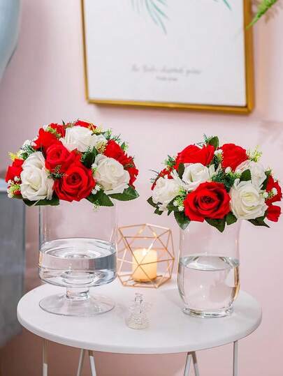 红白相间的仿真婚礼花束，碗状仿真花卉装饰，配以绿叶，适用于家居装饰、婚礼中心摆件、派对背景和感恩节装饰。