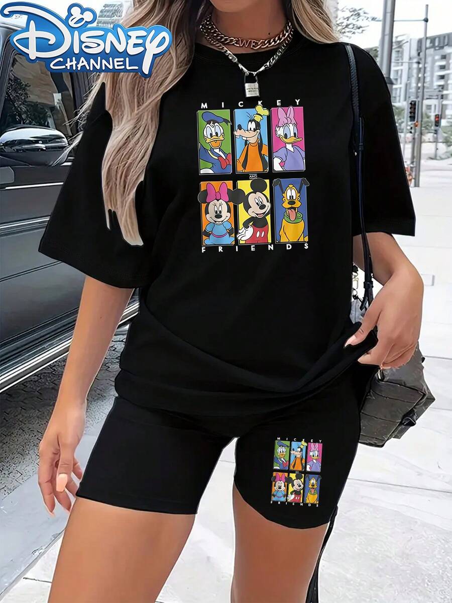 (Authorized By Disney2026) T-Shirt Shorts Set For Ladies' Casual Two-Piece, Spring And Summer Women's Round Neck T-Shirt. The Fabric Is Soft, Comfortable And Breathable, Suitable For Daily Wear, Shopping, Traveling, Gathering And Home Use. It Is Also Suitable As A Beautiful Gift. Every Woman Should Have One. - màu đen - Xem 1