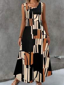 Plus Size Pocket All Over Print Summer Dress Vacation Casual Daily Wear Spring Summer Dress Sleeveless Geometric Print Long Dress Elegant - Tan - View 4