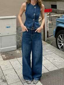 DEEKA 夏季新款女士休闲时尚简约牛仔吊带背心配腰带及阔腿牛仔裤套装 - 藍色 - 查看 3