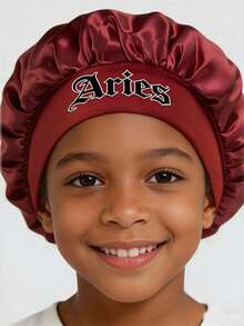 1pc Kids' Unique Constellation Cap: Burgundy Satin Hair Care Cap 12 Constellation Logo Practical & Eye-Catching Essential For Home - Burgundy - View 2