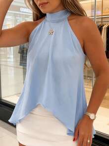 Women's Solid Mock Neck Halter Top Sleeveless Asymmetrical Hem Blouse - Baby Blue - View 4