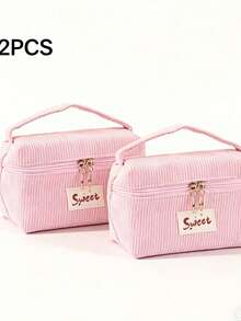 1pc Corduroy Makeup Bag With Letter Strap, Zipper Closure Portable Cosmetic Organizer, Suitable For Travel, Home, Unisex, All Seasons, Student Dorm, Mother's Day, Thanksgiving, New Year Gift - Multicolor - View 14