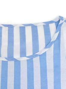 Plus Size Spring/Summer Casual Versatile Apricot Contrast Striped Round Neck Top With Asymmetric Side Slit Design, Pants With Spacious Pockets, Suitable For Ladies' Brunch, Summer Vacation And Other Occasions - Blue - View 12