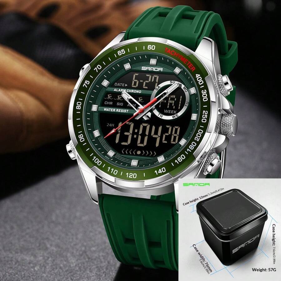 SANDA. SANDA Men's Casual Sports Dual Display Electronic Watch, Featuring Non-Detachable Silicone Strap, Dual Display Dial Design - Silver - View 1