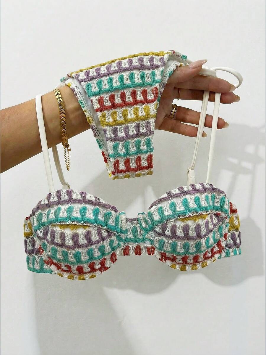 Women's Colorful Textured Fabric Bikini Set, With Patterned Lining Top And Tie-Up Bottom, Suitable For Summer Beach Vacation