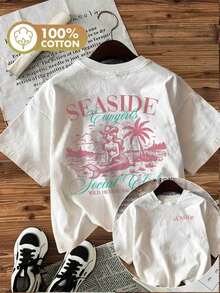 [Double-Sided Print] Spring/Summer Women's Casual Vintage Style Top Mermaid Coconut Palm SEA SIDE Cowgirls Social Printed Crew Neck Short Sleeve Pure Cotton T-Shirt For Women [Chu K] Spring Outfit, Cotton T-Shirt - White - View 7