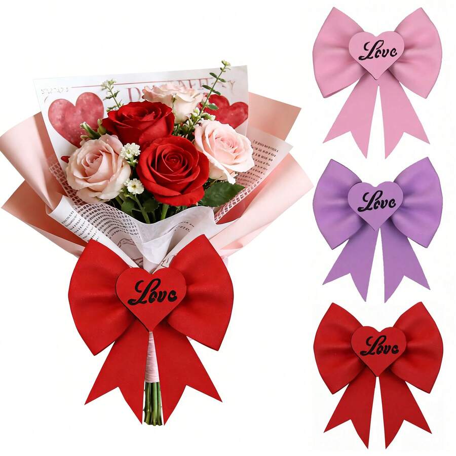 6pcs Red, Pink, Purple Heart Shaped Bow Decorations, Suitable For Mother's Day, Wedding, Anniversary Party, DIY Bouquet, Gift Packaging - Multicolor - View 1