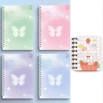 Caderno Espiral Série Sonho de Borboleta A5, Bloco de Anotações Fofo e Grosso + Caderninho Pequeno de Coelho Morango