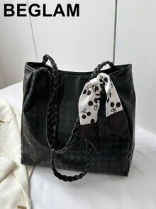 Versatile Casual Silk Scarf Decor Minimalist Solid Color Small Tote Bag For Commuting - Black - View 1