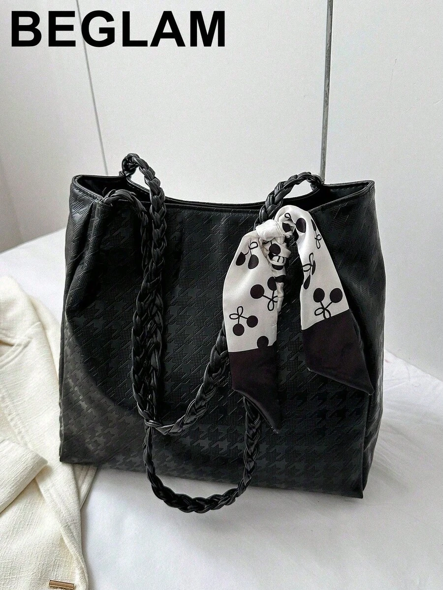 Versatile Casual Silk Scarf Decor Minimalist Solid Color Small Tote Bag For Commuting - Black - View 1