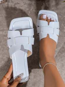 新款H型拖鞋，女士时尚休闲罗马式一脚蹬凉鞋，舒适平底拖鞋，黑色/米色/棕色，博主推荐，沙漠钥匙，法式优雅水钻厚底凉鞋，夏季沙滩鞋，简约室内外两用人字拖 - 淺藍色 - 查看 2