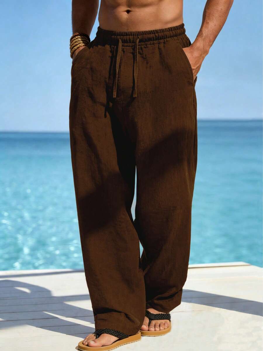 Pantalones de lino sueltos con cordón y bolsillo, unicolor, casuales, cómodos para primavera, verano, otoño e invierno