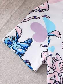 Disney Bộ đồ ngủ mùa hè cho bé gái in hình Stitch và trái tim thiên thần dễ thương, tay ngắn, quần dài chất liệu mềm mại, cạp chun. - trắng - Xem 5