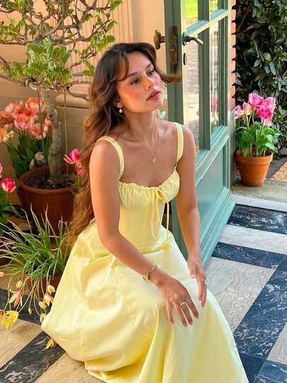 ii Vestido de verano elegante para mujer de unicolor sin mangas con pliegues y lazo