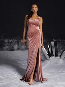 VIPGIRL Velvet Slip Dress, Elegant High Collar Long Formal Gown, Sleeveless Fitted Dress - Coral Pink - View 5