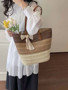 Gradient Striped Straw Tote Bag, Bow Tie Shoulder Bag, Large Capacity Woven Casual Bag, Retro PU Leather Strap, Fits , Casual Beach Vacation Bag, French Slouchy, Large Zipper Tote Bag, Commute & Travel Dual-Use Bag, Essential For Summer Beach Vacation - Coffee Brown - View 6