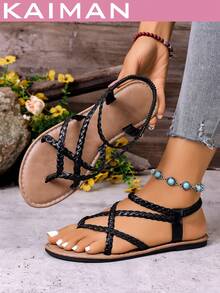 1 par de sandalias planas de moda para mujer, sandalias planas de verano con banda elástica tejida de cuero sintético para playa y vacaciones - Negro - Ver 2