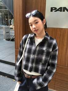 Áo sơ mi nữ dáng rộng, cổ bẻ kẻ caro tương phản, tay dài, cài cúc, thích hợp cho mùa xuân/hè. - màu đen - Xem 8