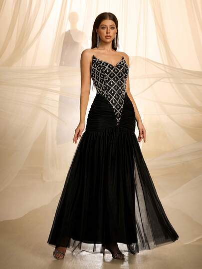 VIPGIRL New Arrival Black Teardrop Beaded Lace Waist Bandeau Elegant Romantic High-End Luxury Design Women's Formal Evening Gown