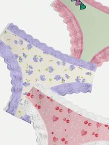 3pcs/Set Colorful Dopamine, Floral, Cherry, Heart Print Lace Patchwork Women's Bikini Panties Set - Multicolor - View 4