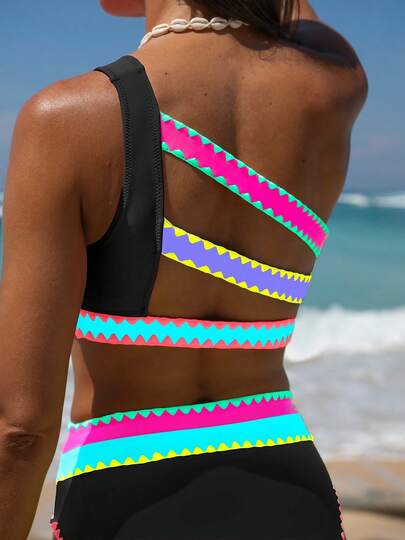 popvil Women's Colorblock One-Shoulder Bikini Set, Suitable For Summer Vacation And Beach Wear