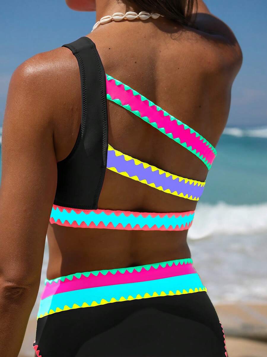 popvil Women's Colorblock One-Shoulder Bikini Set, Suitable For Summer Vacation And Beach Wear - Black - View 1