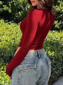 Casual Long Sleeve Crew Neck T-Shirt, American Classic Slim Fit Versatile Top - Burgundy - View 8