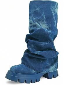 Women's Platform Round Toe Mid Calf Boots With Chunky Heel - Denim Blue - View 13
