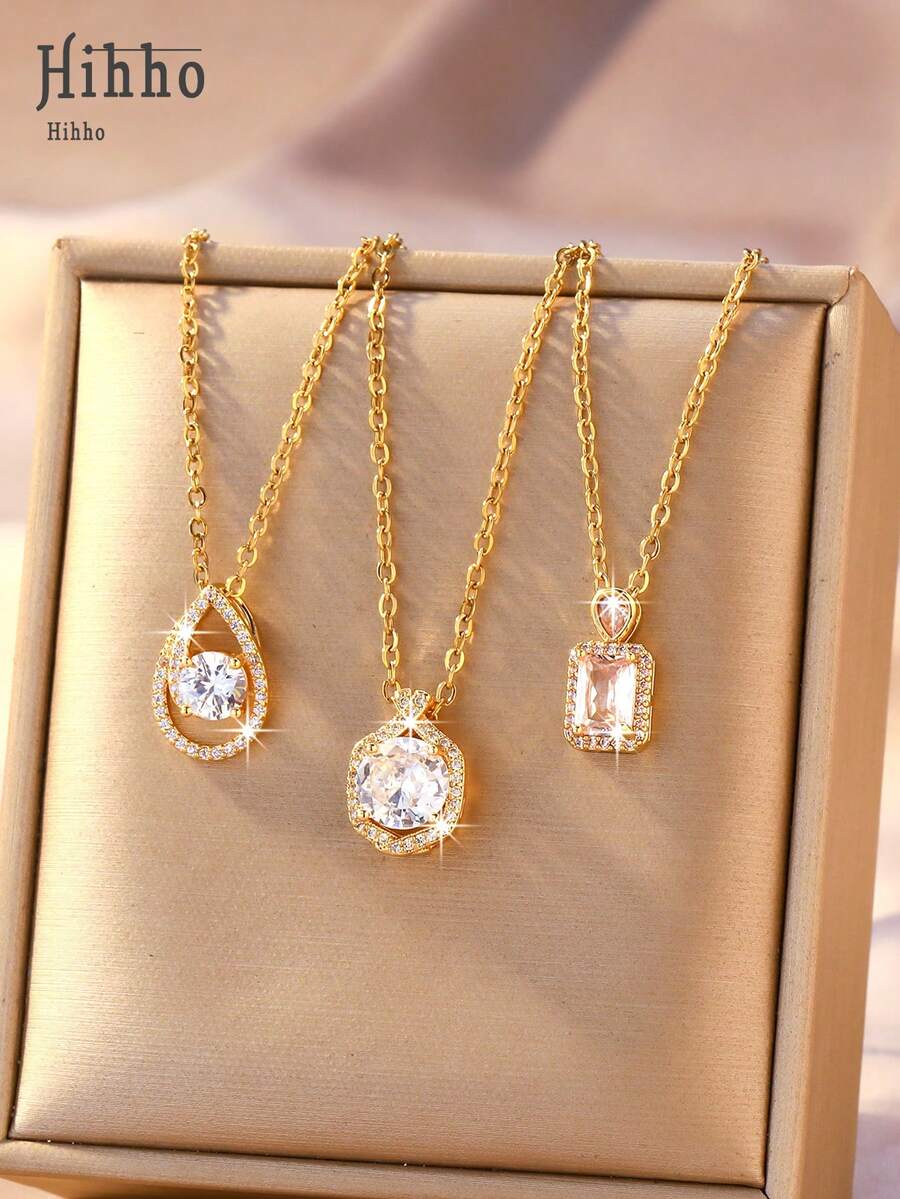 Hihho 1pc "Starlight Three Classic Styles" Luxury Zirconia Clavicle Chain | Versatile Wear, Exudes Elegance - Water Droplet Round Square - View 1