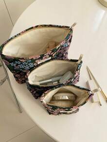1 PC/Set Purple Green Floral Jacquard Embroidery Women Girl Makeup Pouch Make Up Bag Portable Large Capacity Cosmetic Bag With Zipper,For Travel And Vacation Essentials,For Sanitary Napkins,Keys,Hair Accessories,Charger,Lipsticks,Cosmetics,Perfume,Makeup Brush Holder Organizer Storage Bag,For Skin Care And Beauty Products,For Women,Students,School Girls,For Birthday Gifts,Friends Gift,Holiday Gift - Màu tím - Xem 10