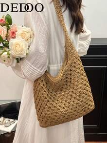Dedoo Túi đan rơm thủ công dành cho nữ, kiểu dáng mới, dung tích lớn, thích hợp đi biển, nghỉ mát, đeo vai, bán sỉ. - Màu Khaki - Xem 9