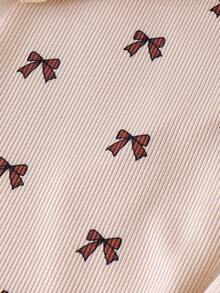 2pcs Baby Girls Casual Minimalist 3D Bow Round Neck Top And Full Bow Pants Set, Summer - Apricot - View 8