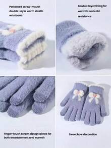 1 Pair Korean Style Winter Bowknot Pattern Five-Finger Women's Casual Versatile Gloves, Touchscreen Compatible For Gaming, Suitable For Daily Commute And Sports - Multicolor - View 6