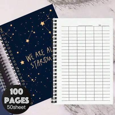 1 stuk A5 notitieboek met sterrenhemelmotief, veelzijdig, 100 pagina's/50 vellen. Geschikt voor werk, studie, schoolaanwezigheid, bedrijfsadministratie, tijdregistratie, voorraadbeheer, aantekeningen van zakelijke vergaderingen en andere praktische kantoor- en leersituaties.