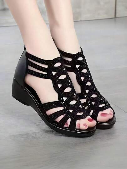 Sandalias casuales de mujer talla grande con cuña, un tirante, cremallera en la espalda y cristales, cómodas y versátiles de estilo romano