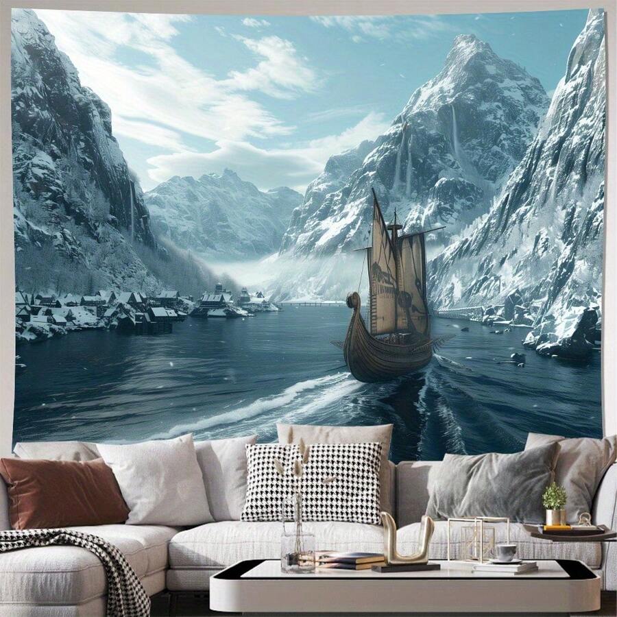 Viking Ship Wall Hanging Tapestry: Suitable For Living Room, Bedroom Or Office Decor In Winter Scenes - 29 - View 1