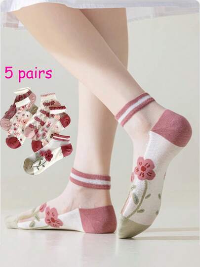 1/5双水晶丝袜，女士短筒袜，百搭低帮船袜，甜美短袜，春夏薄款中筒袜，透气郁金香花纹袜，水晶郁金香粉色蕾丝短袜，超薄夏季凉鞋袜