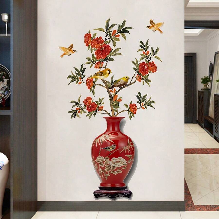1件中式红色花瓶与花鸟墙贴，可移除石榴花墙贴，防水东方装饰，适用于客厅和玄关墙面 - 均碼 - 查看 1