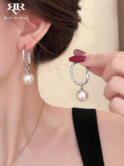 1 par de pendientes con colgante de círculo geométrico minimalista de perla falsa, elegantes y lujosos para uso casual, diario y de vacaciones para mujeres